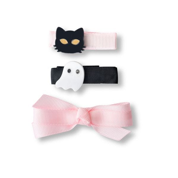 Cat Ghost and Fabric Bow Pink Little Hair Clips