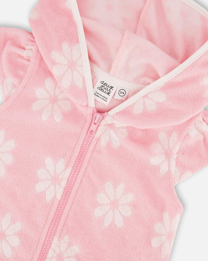 Terry Cloth Beach Hoodie Dress Pink Printed Flowers