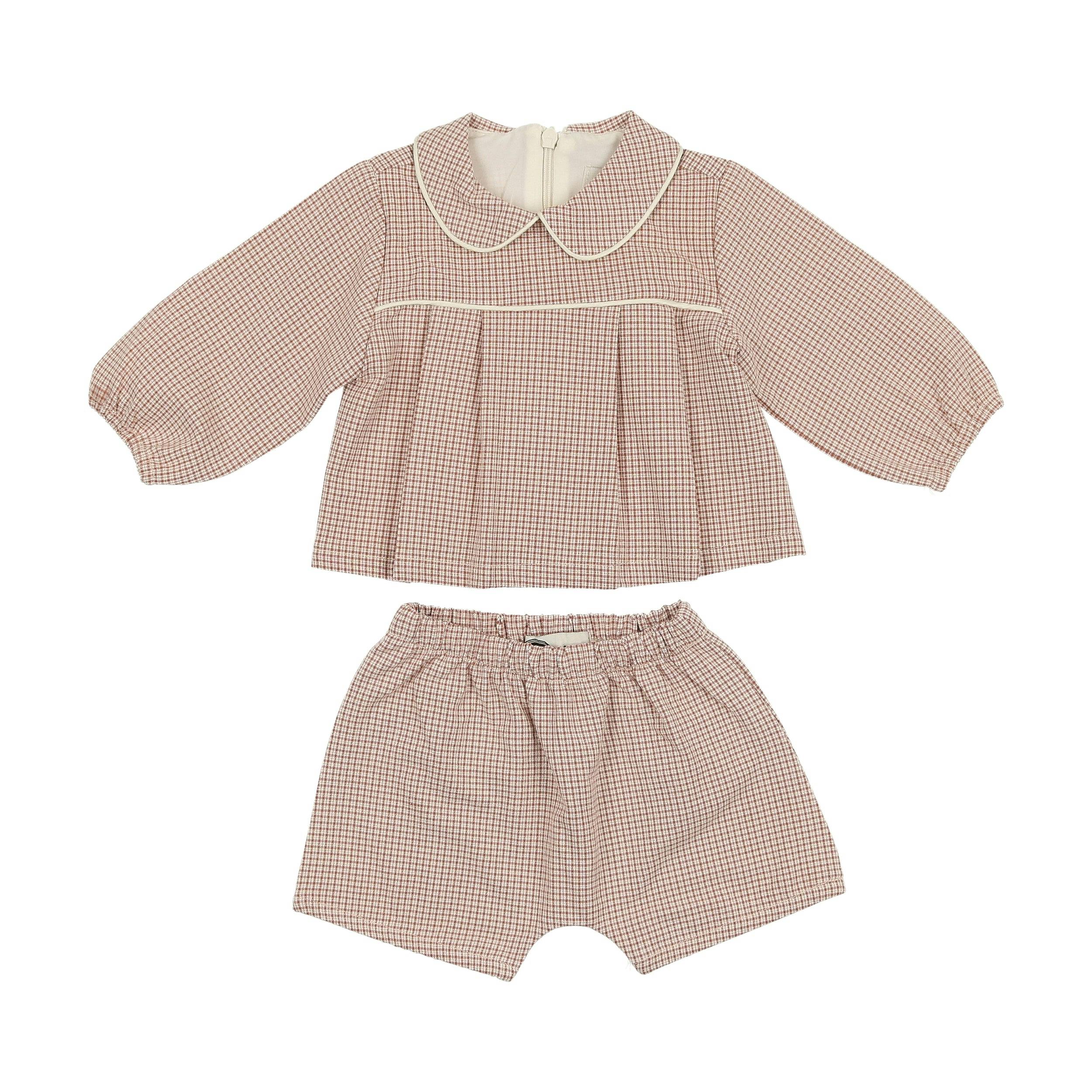 Baby Lurex Check Piped Peter Pan Collar Shirt & Short Set