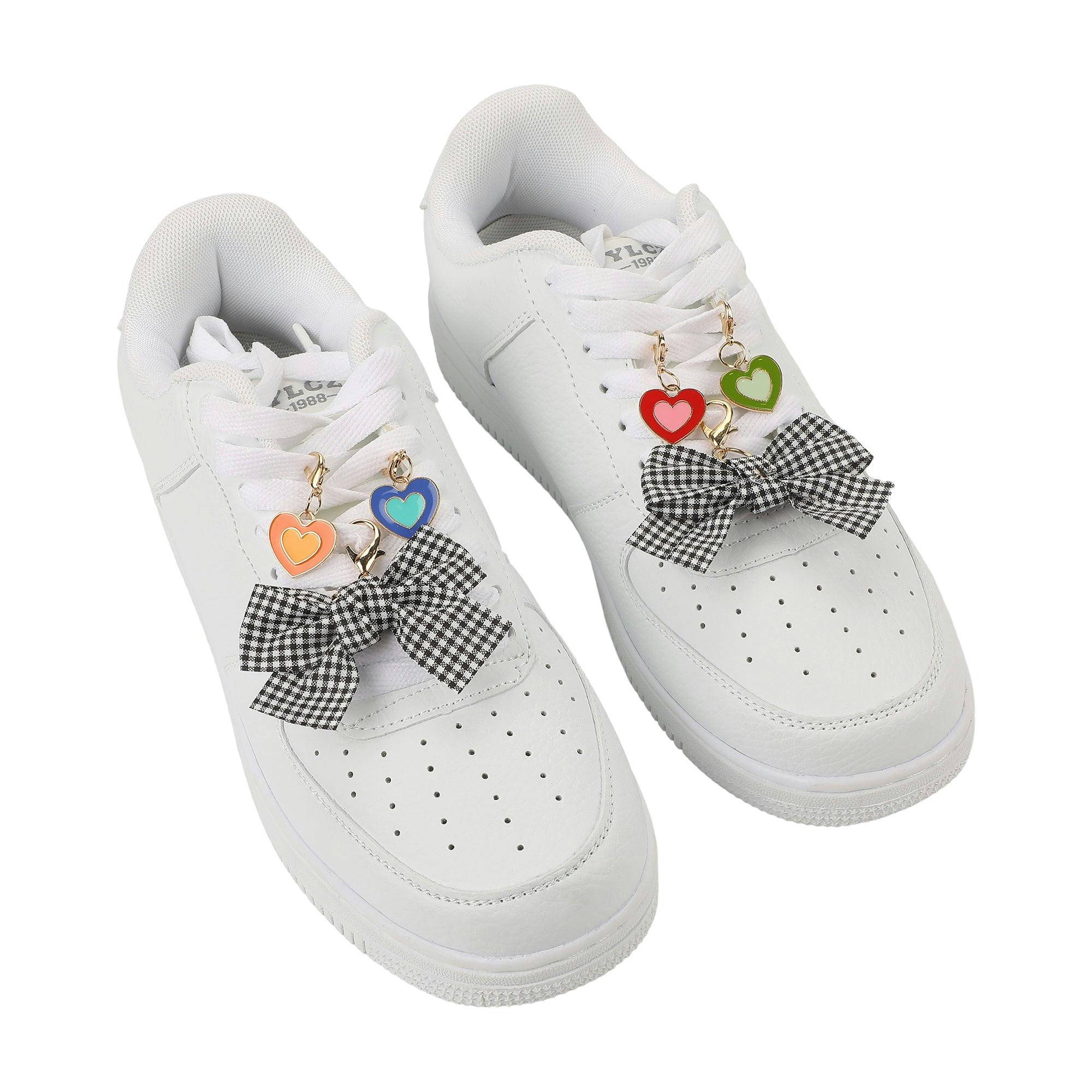 Packed Party Plaid Bows and Rainbow Hearts Shoe Charm Set 6pc - Gingham Bow and Enamel Heart Charms with Lobster Clips for Sneakers, 2.75x3.3 Inch
