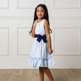 Organic Sleeveless Special Occasion Seersucker Party Dress with Cross Back, Blue