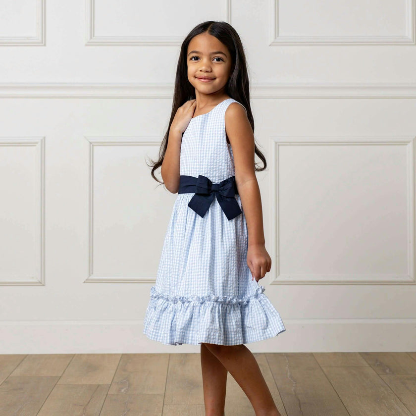 Organic Sleeveless Special Occasion Seersucker Party Dress with Cross Back, Blue
