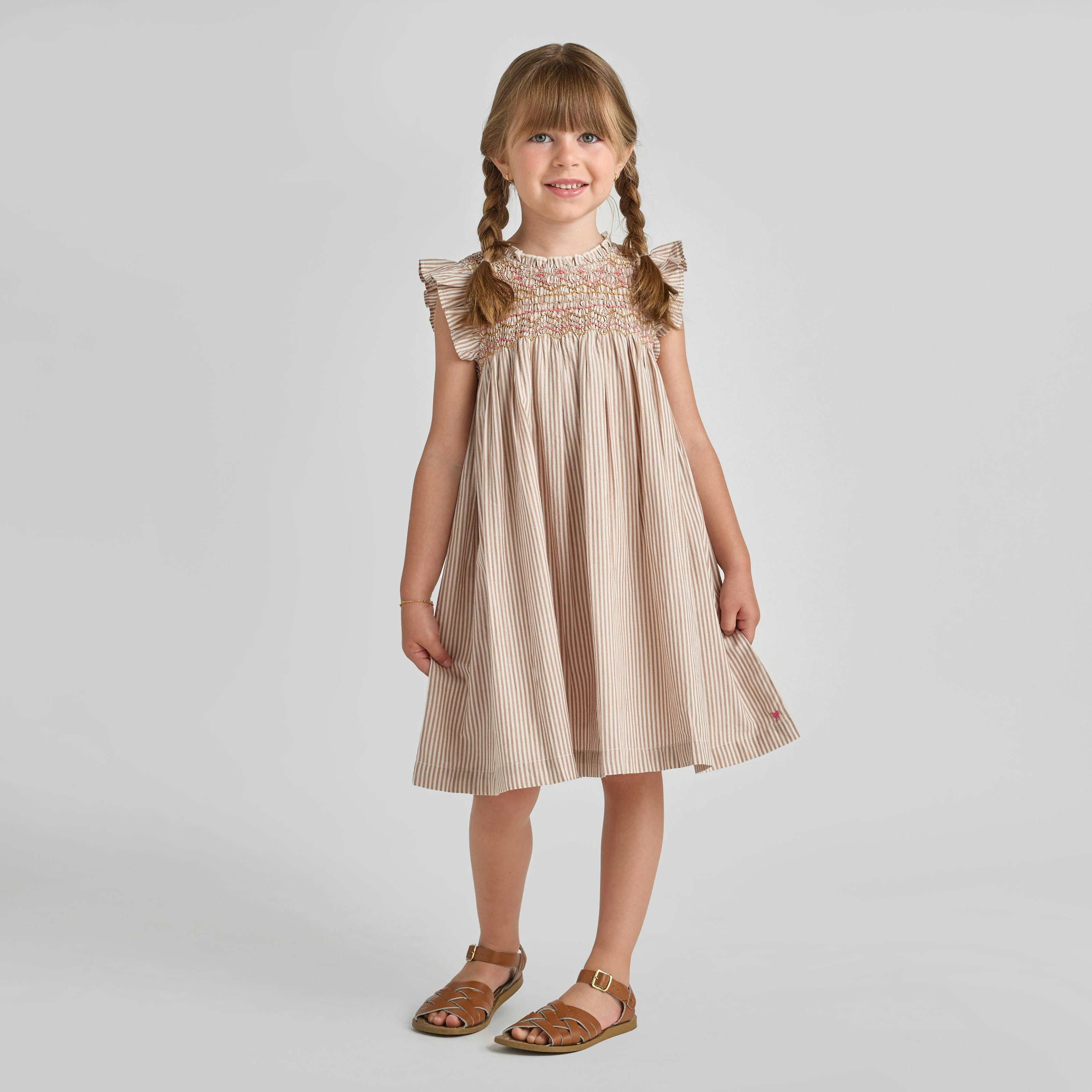 Girls Stevie Dress - Tawny Brown Stripe