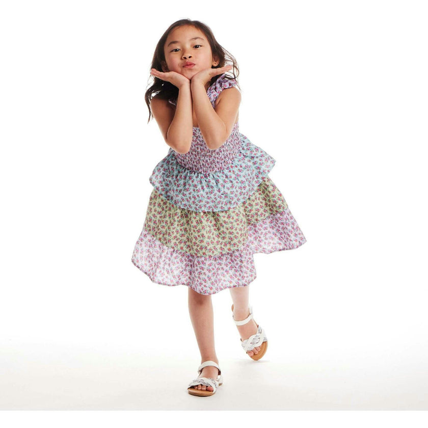 Kids Color Blocked Floral Tiered Dress