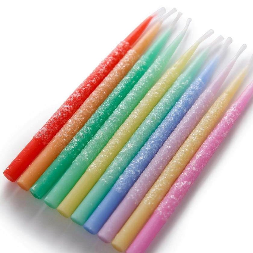 Packed Party Glitter Wishes Rainbow Birthday Candle Set of 10 - Glitter-Dipped Multicolor Pastel Beeswax Candles in Gift Box with Pink Ric Rac Handle