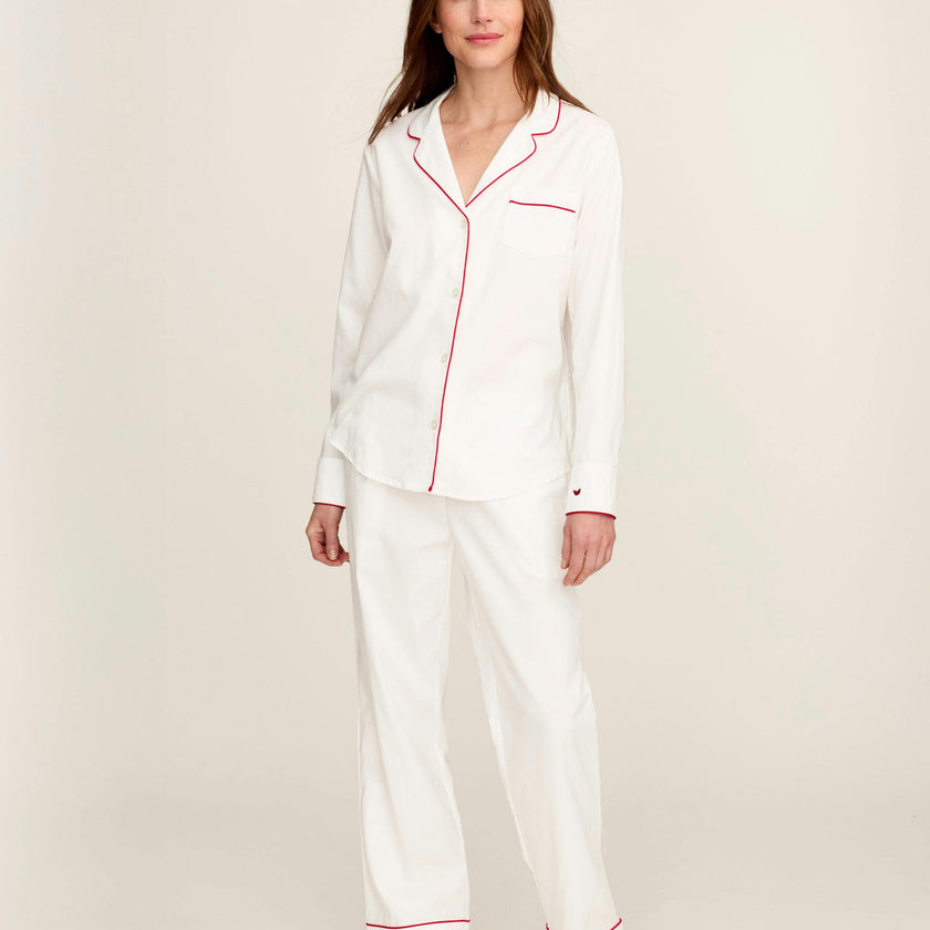 Women's Twill Pajama Set in White with Red Piping