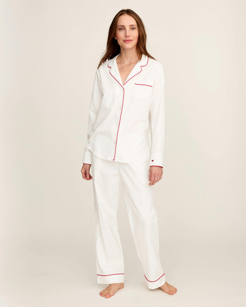 Women's Twill Pajama Set in White with Red Piping