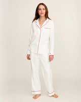 Women's Twill Pajama Set in White with Red Piping