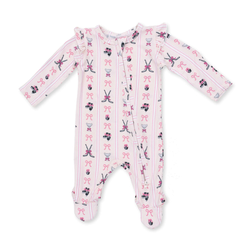 Megan's Bowtiful Hockey Stripe - 2 Way Ruffle Sleeve Zipper Footie