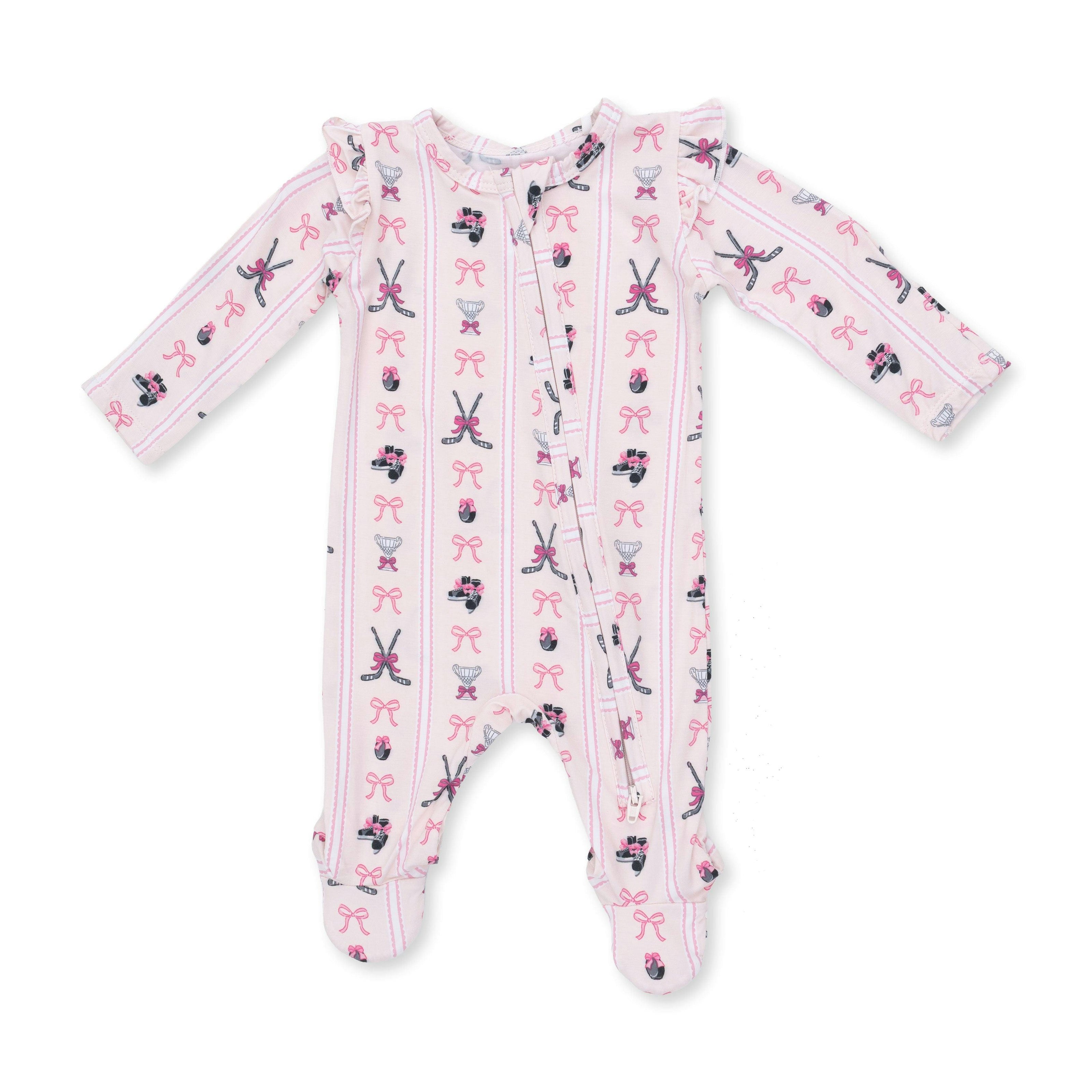Megan's Bowtiful Hockey Stripe - 2 Way Ruffle Sleeve Zipper Footie