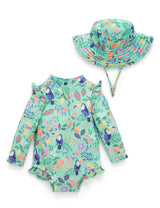 Frilly L/S Swimsuit and Hat Toucan Print