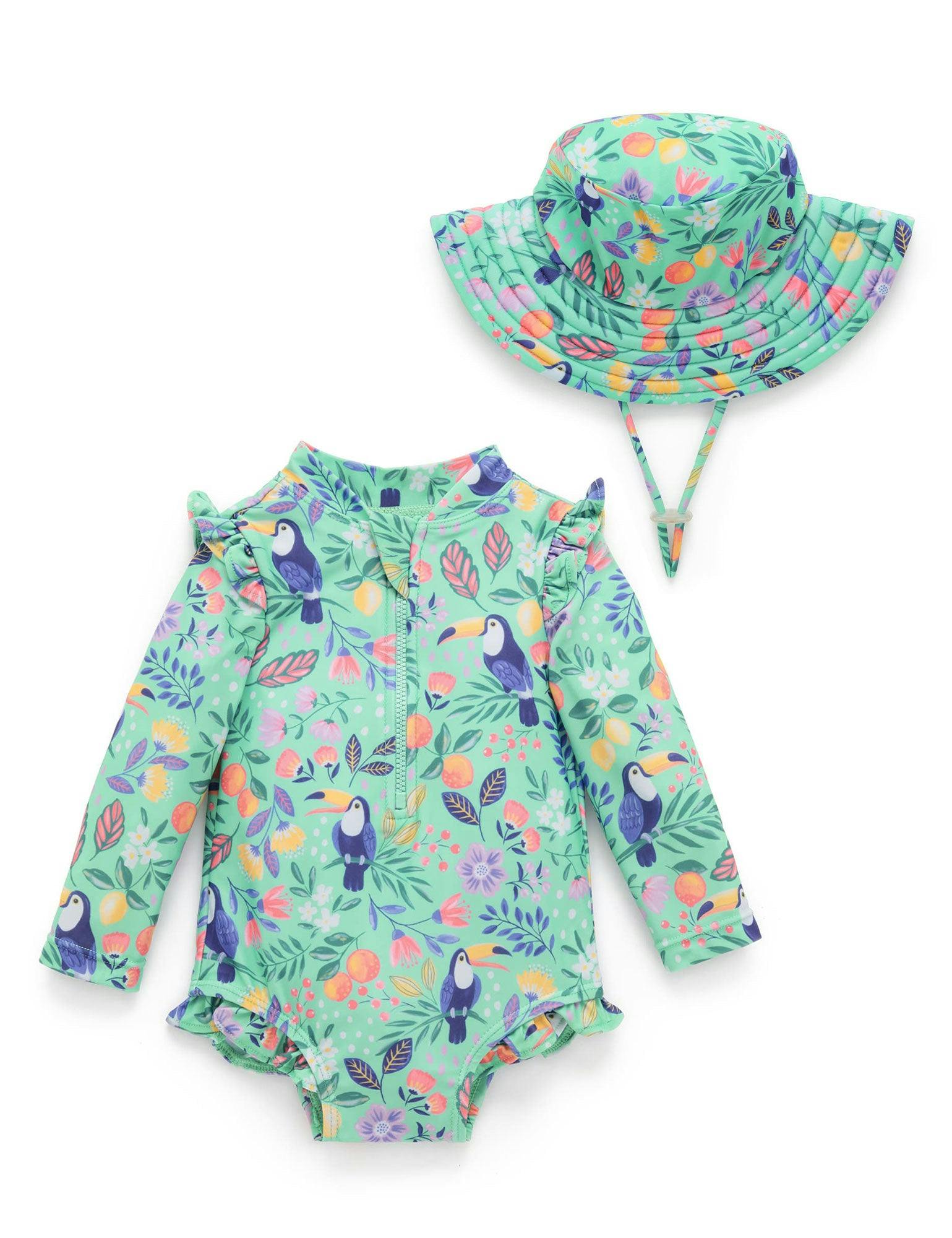 Frilly L/S Swimsuit and Hat Toucan Print