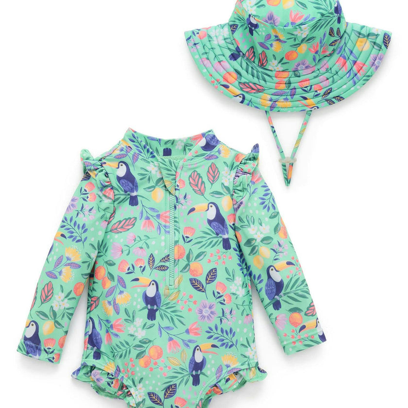 Frilly L/S Swimsuit and Hat Toucan Print