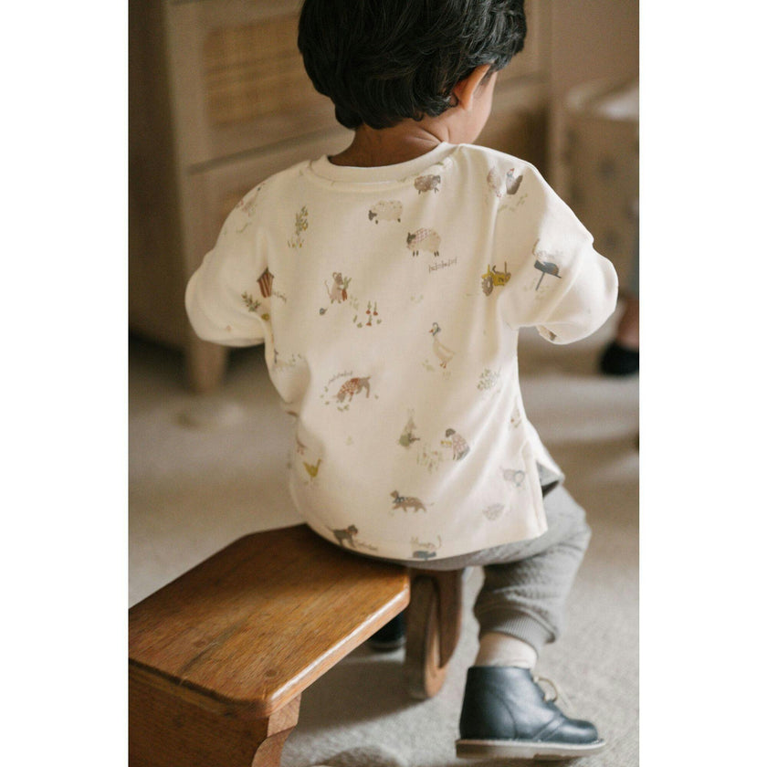 Dropped Shoulder Long Sleeve Top - On the Farm, White