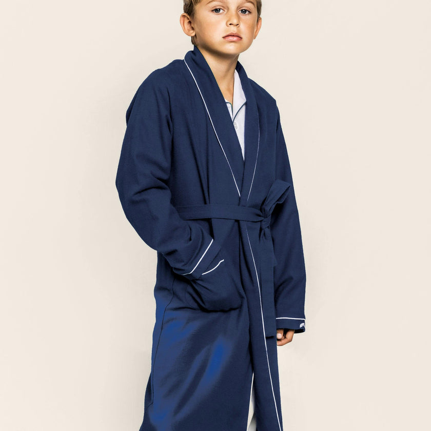 Kid's Flannel Robe in Navy with White Piping