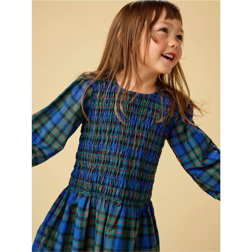 Smocked Woven Blouson Sleeve, Blue