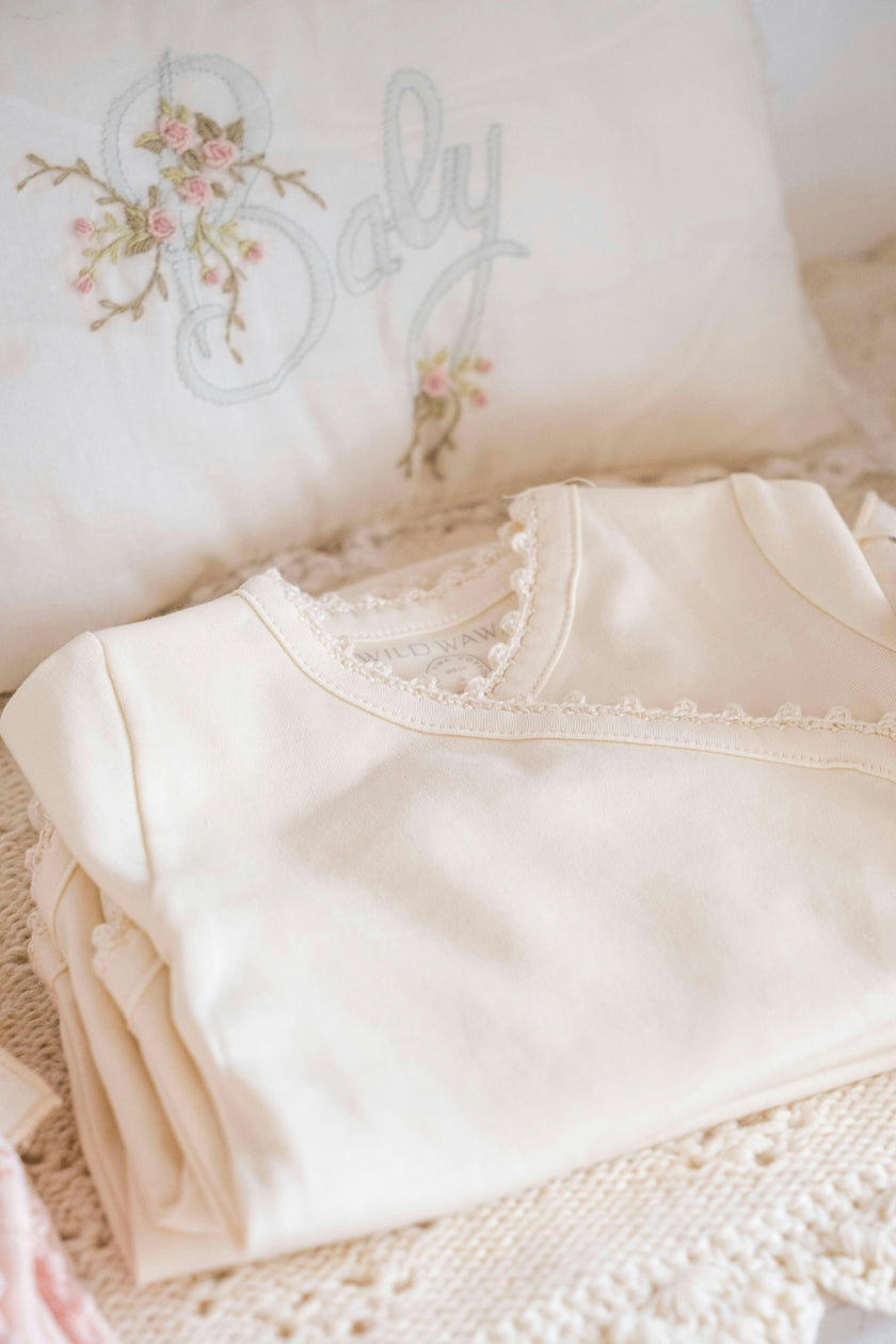 Crochet Trim Three Piece Set in Pearl