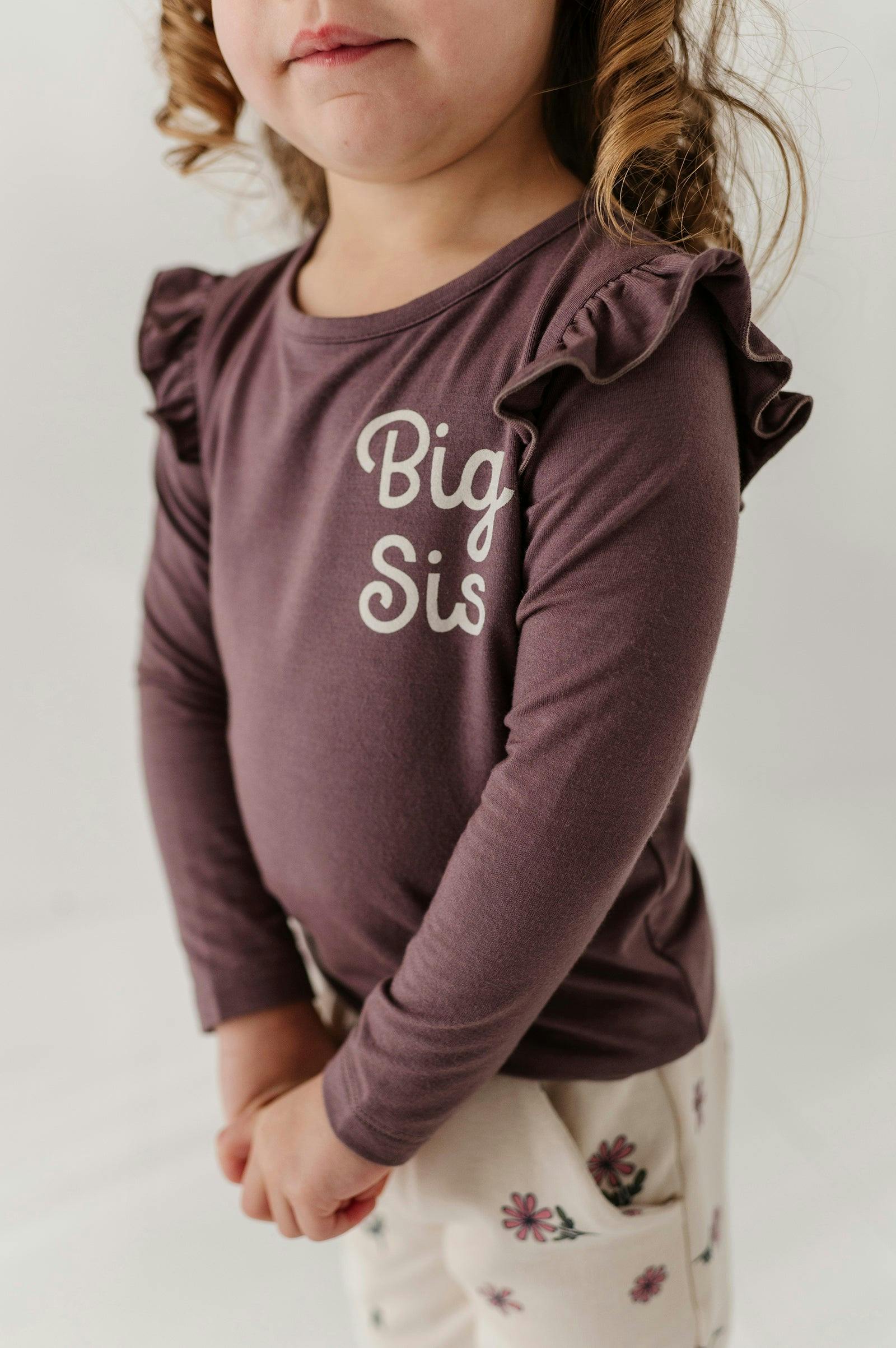 Girls Long Sleeve Ruffle Top in Big Sis in Plum