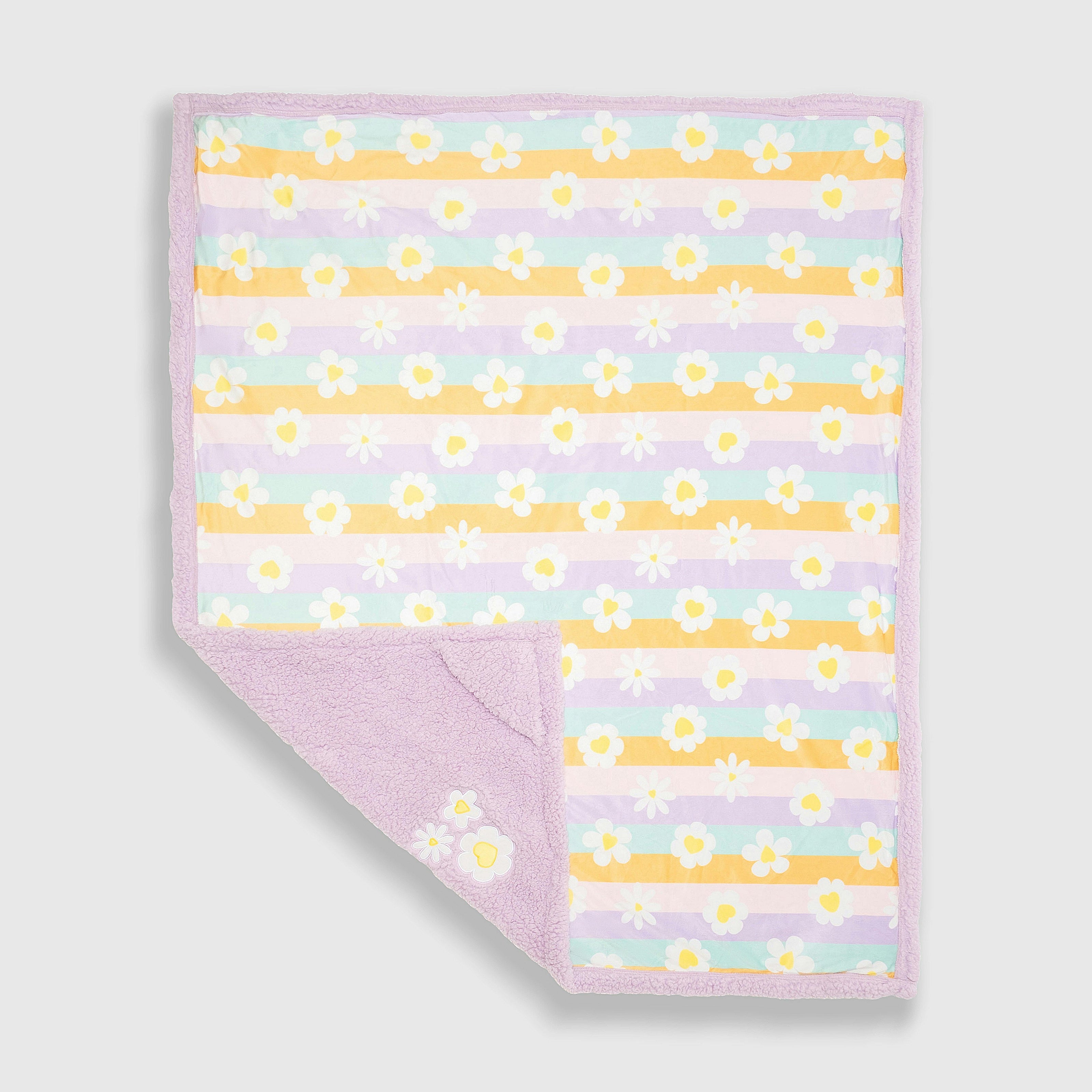 Cozy Switch Blanket – Reversible Sherpa & Mink Fleece Blanket with Embroidered Appliqué, Happy Daisy Stripes