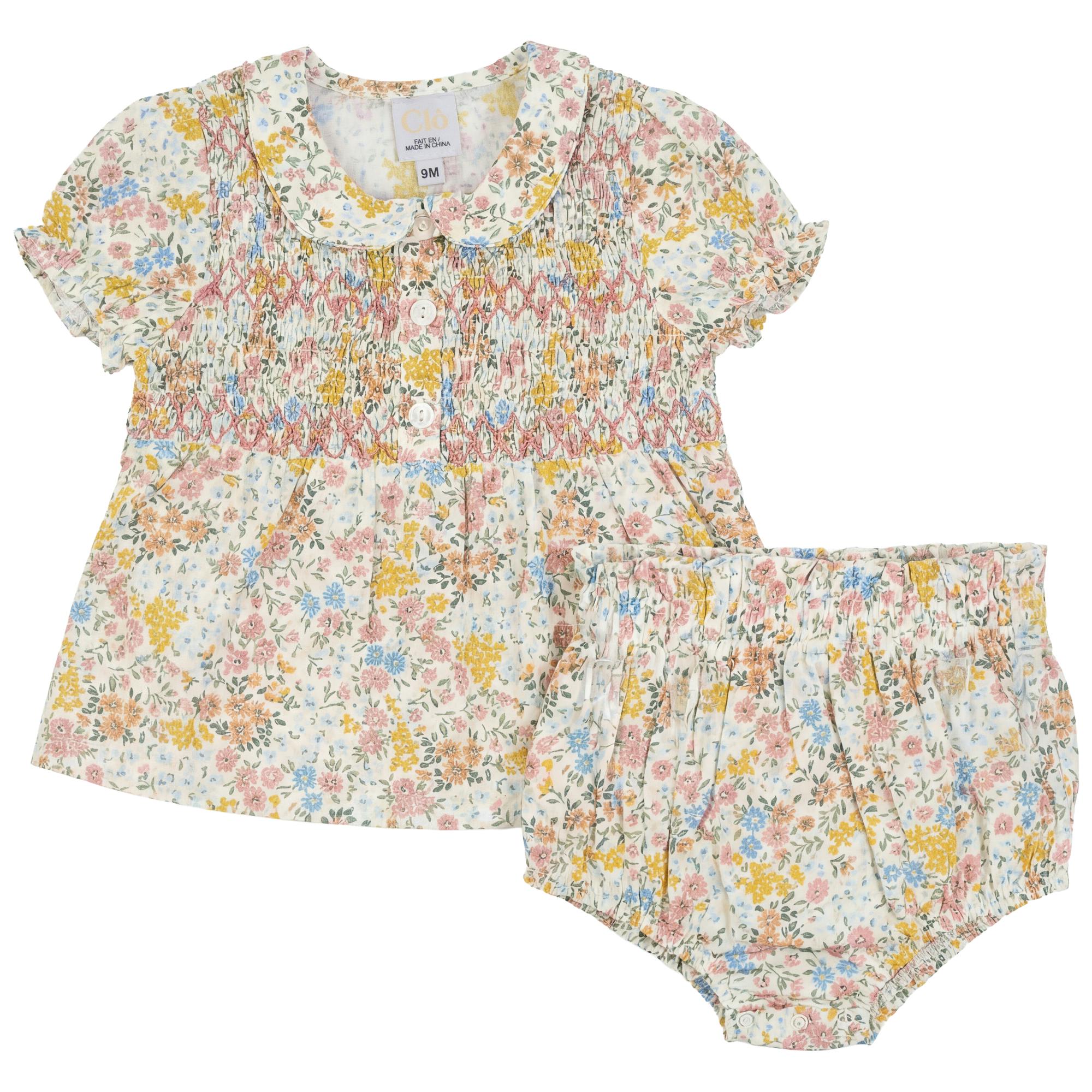 Multi Flower Print Baby Set With Front Smocking