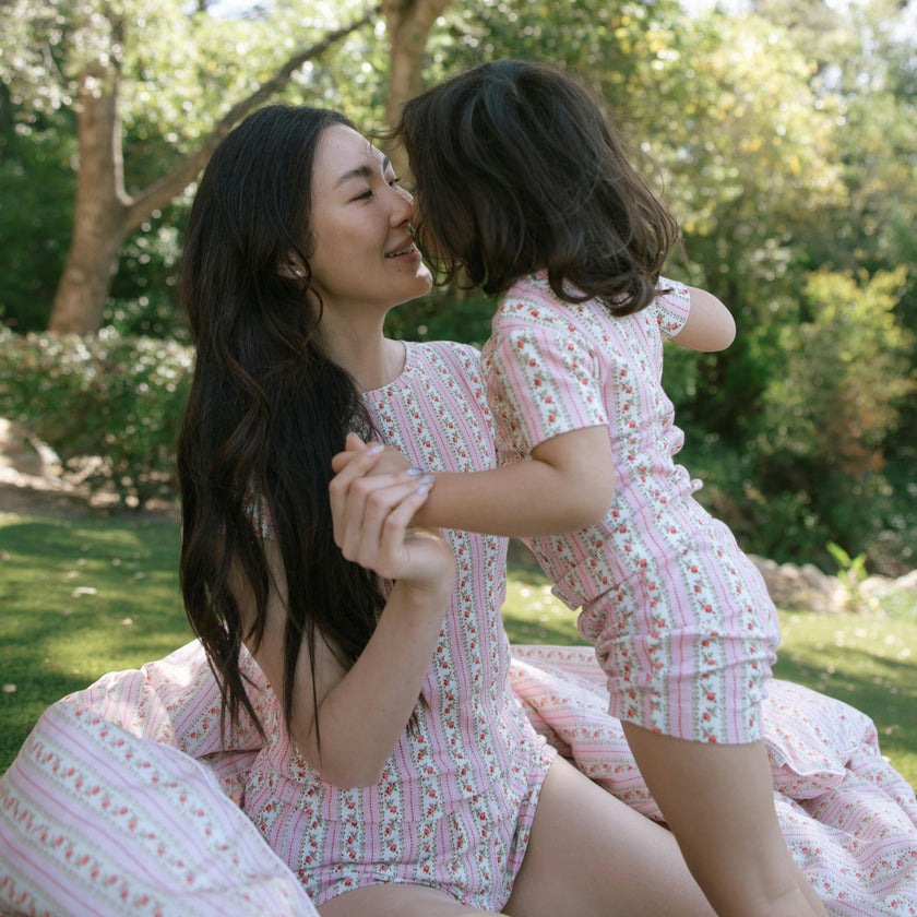 The Baby Lou Pointelle PJ Set - Floral Dot Stripe Pink