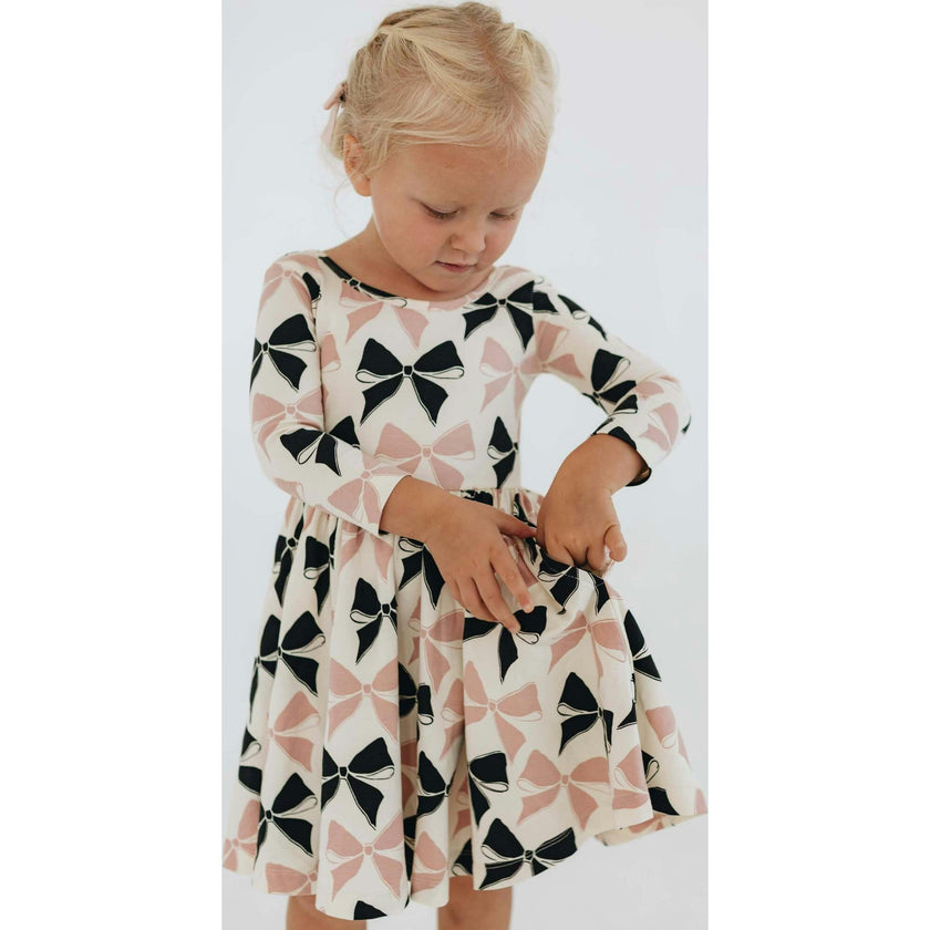 3/4 Sleeve Twirl Dress in Vintage Pink and Black Bows