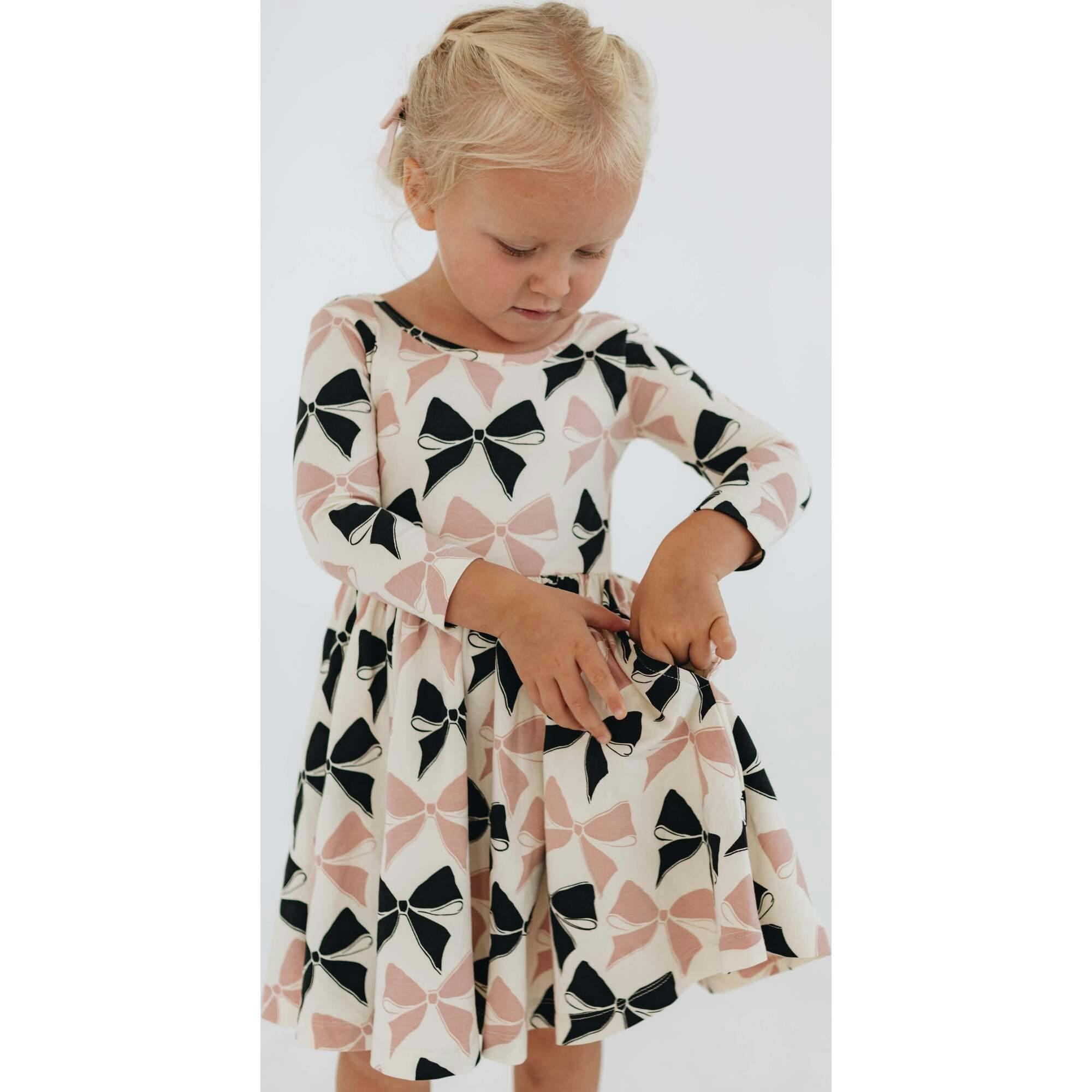 3/4 Sleeve Twirl Dress in Vintage Pink and Black Bows