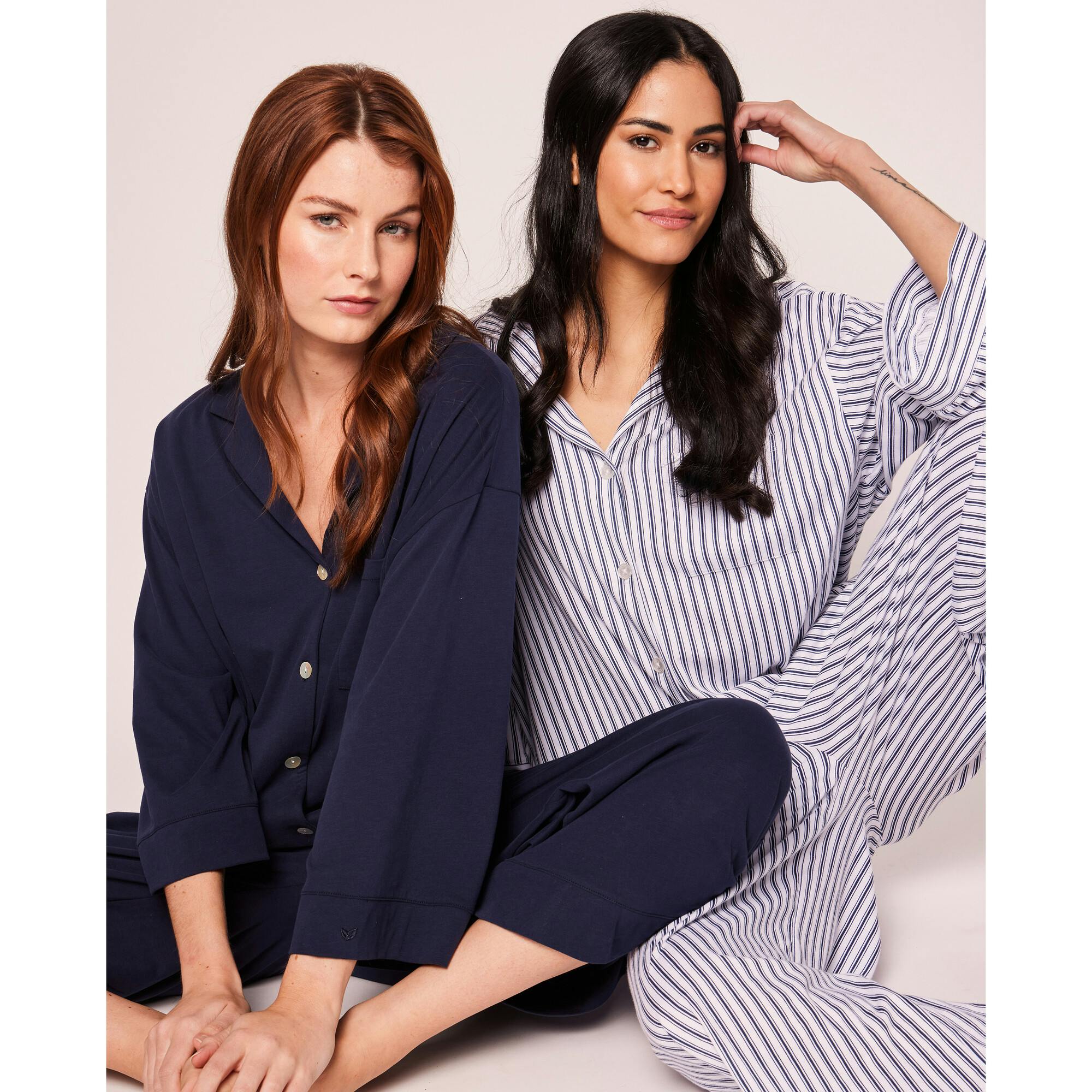 The Olivia Wide Leg Pima Pajama Set in Navy