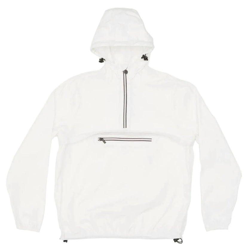 White quarter zip packable rain jacket and windbreaker