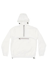 White quarter zip packable rain jacket and windbreaker