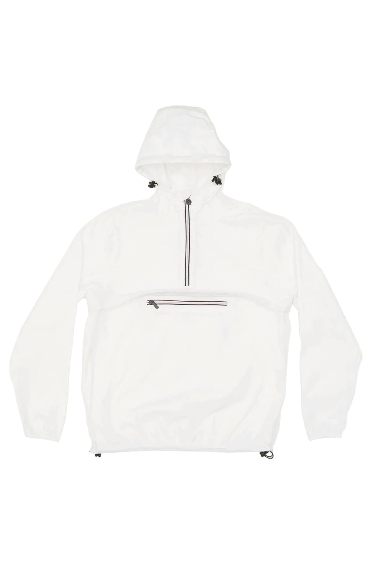 White quarter zip packable rain jacket and windbreaker