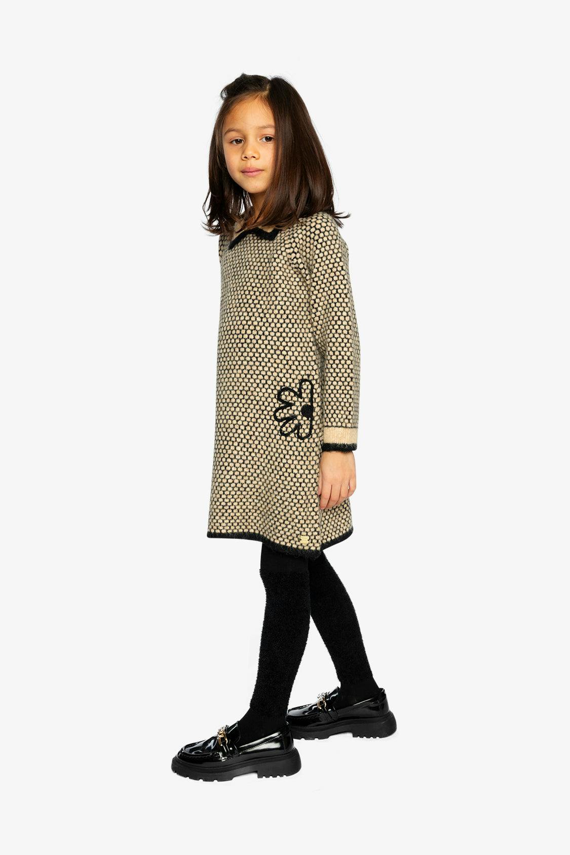 Knit Dress With Collar Beige And Black