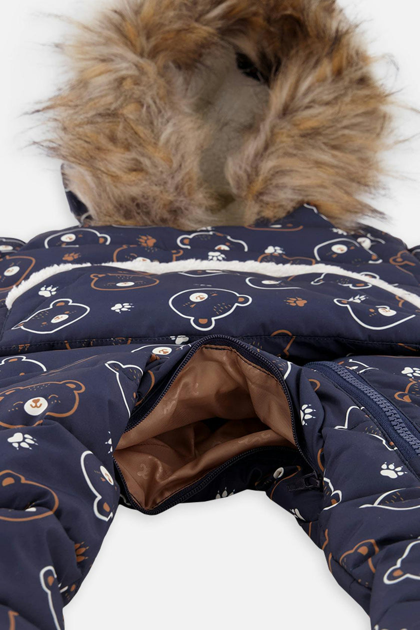 Baby Snug One Piece Snowsuit Adapted For Car Seats Blue Printed Teddy Bears
