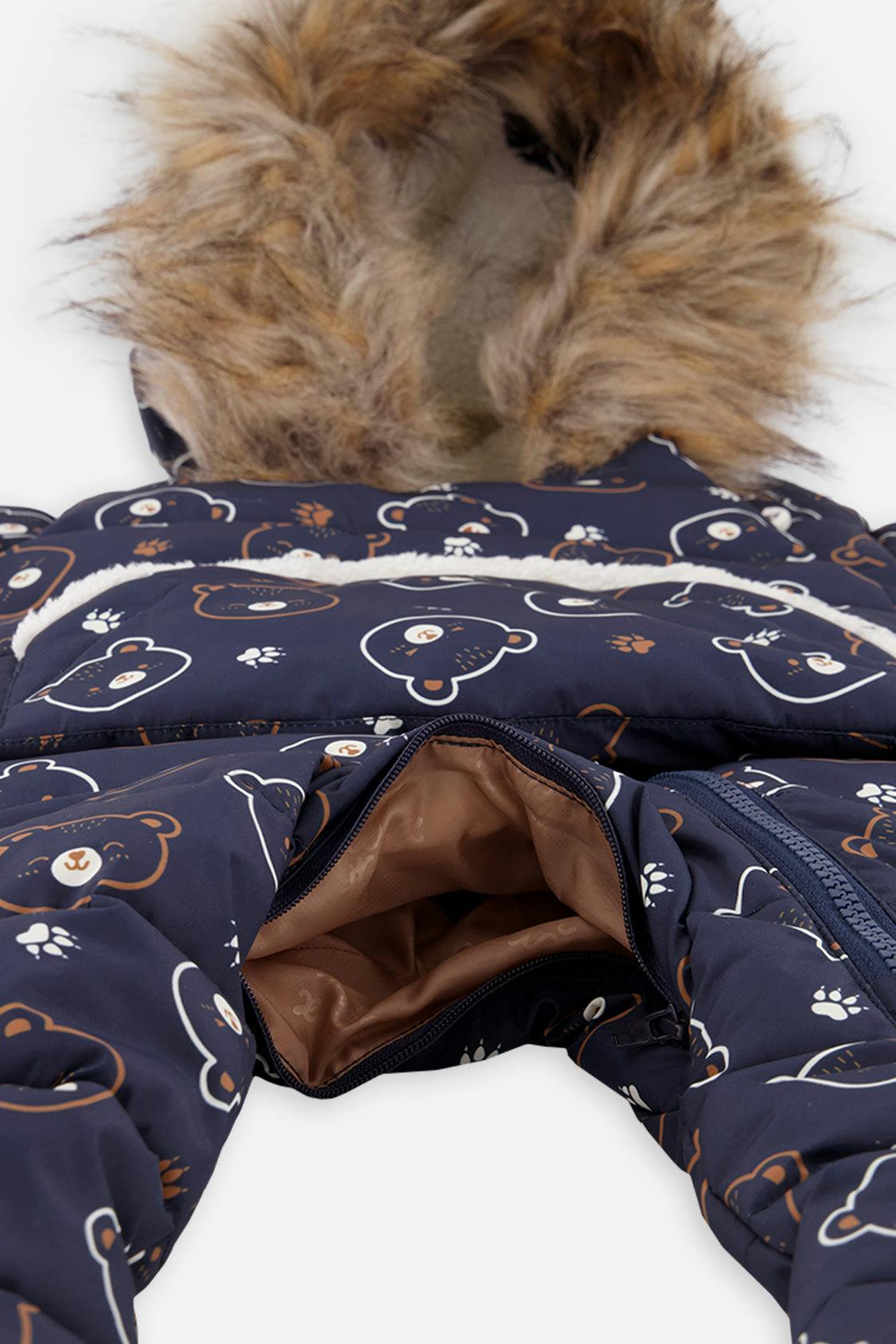 Baby Snug One Piece Snowsuit Adapted For Car Seats Blue Printed Teddy Bears