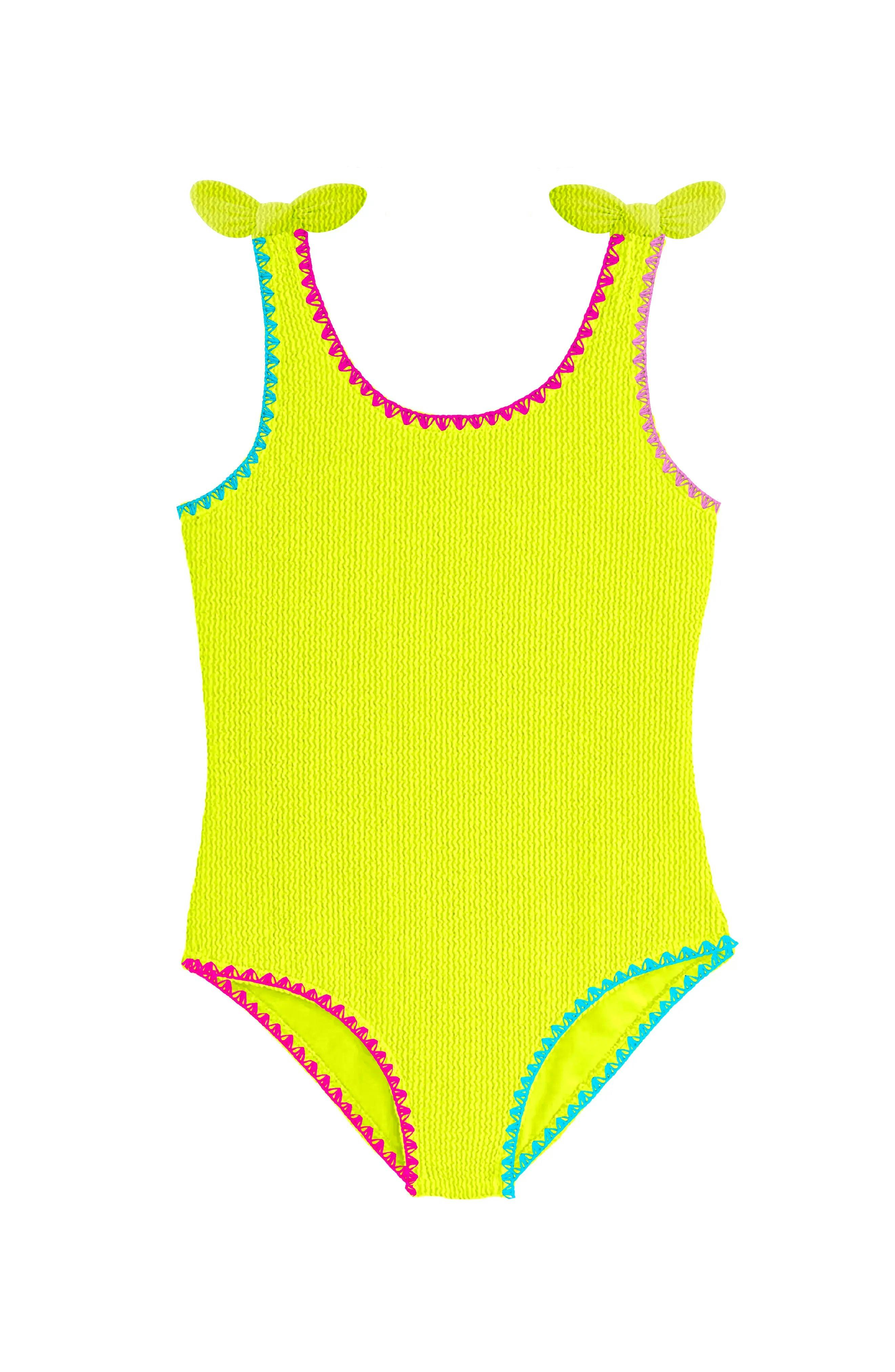 Kaya Crinkle Bow Tie One Piece - Embroidered Trim Lime