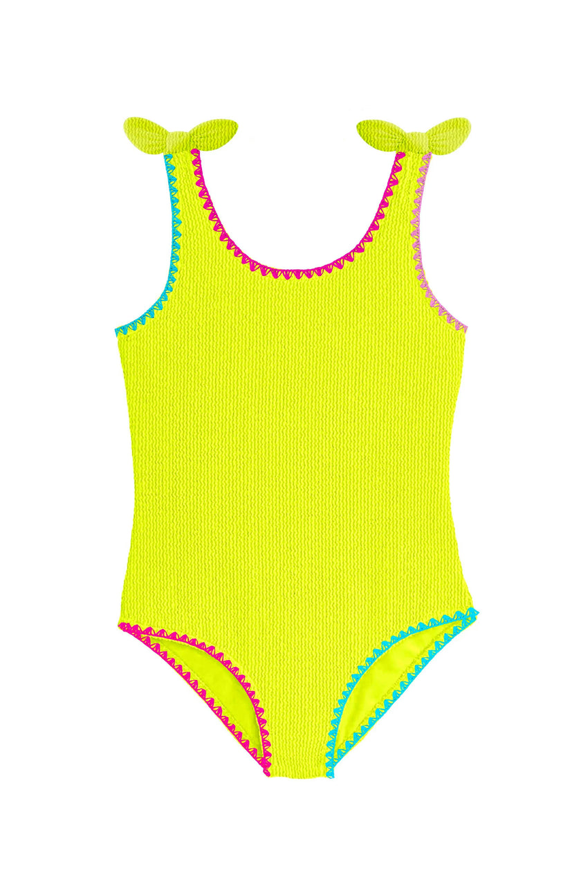 Kaya Crinkle Bow Tie One Piece - Embroidered Trim Lime
