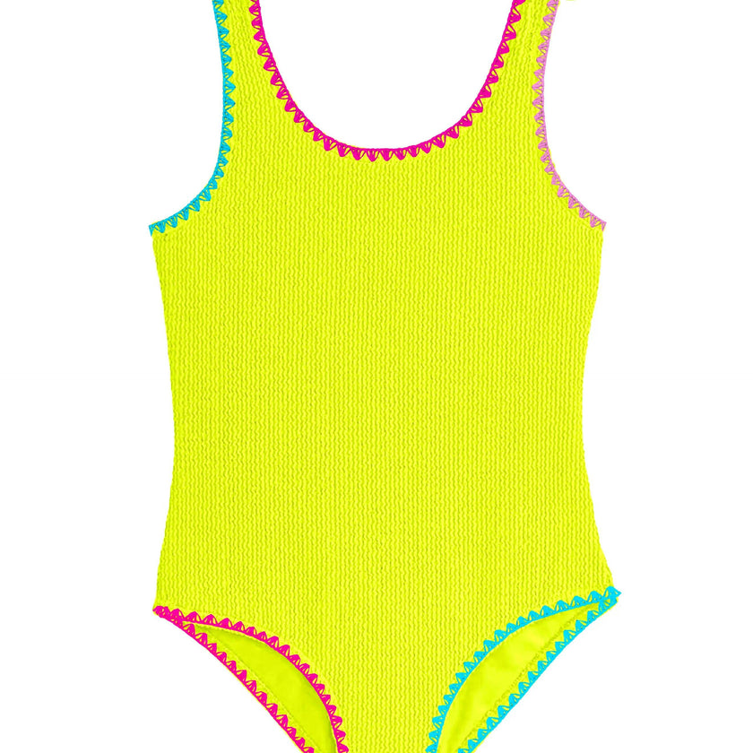 Kaya Crinkle Bow Tie One Piece - Embroidered Trim Lime