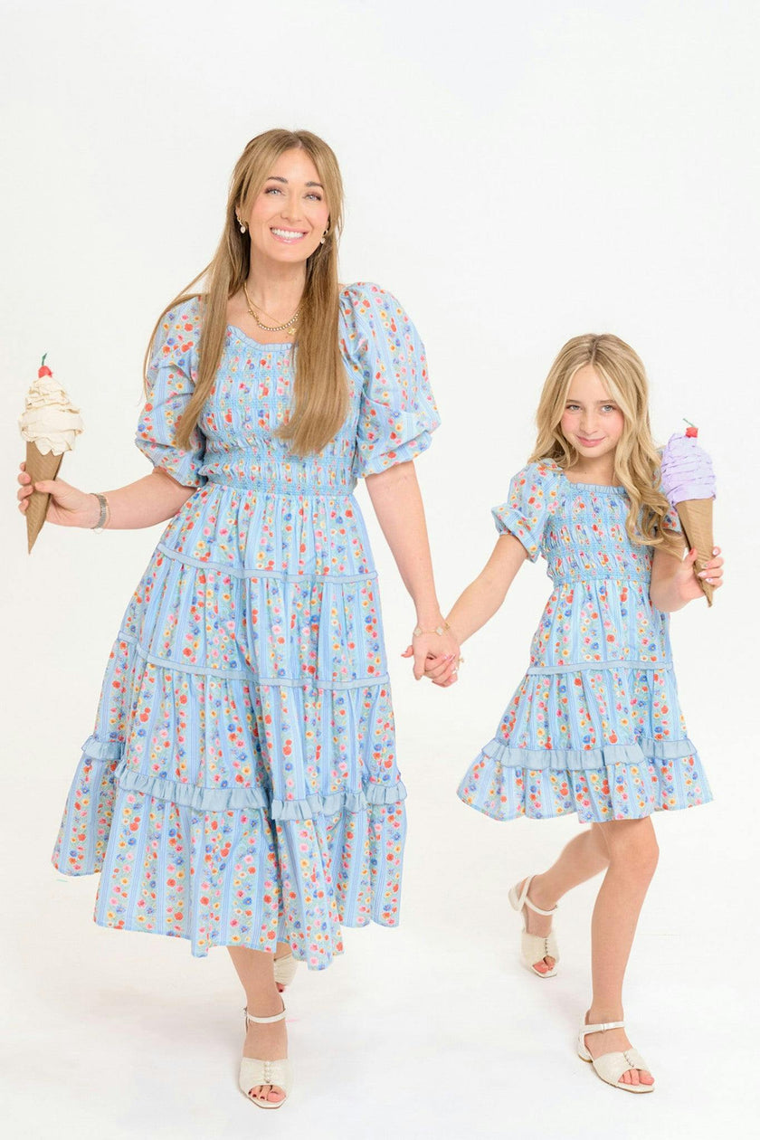 Mini Roselyn Dress in Blue Linear Floral Print