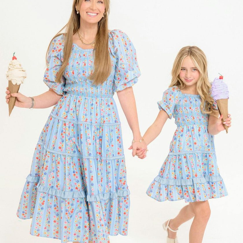Mini Roselyn Dress in Blue Linear Floral Print