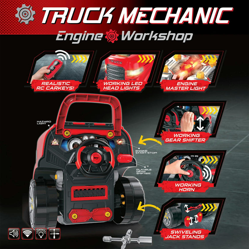 Truck Mechanic Engine Workshop (Red) - Cool Take Apart and Rebuild Engine with Remote Control Car Key