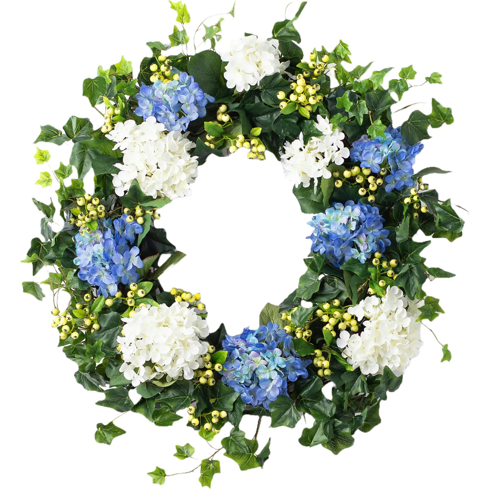 Blue & White Hydrangea, English Ivy & Berry Everyday Spring Front Door Wreath