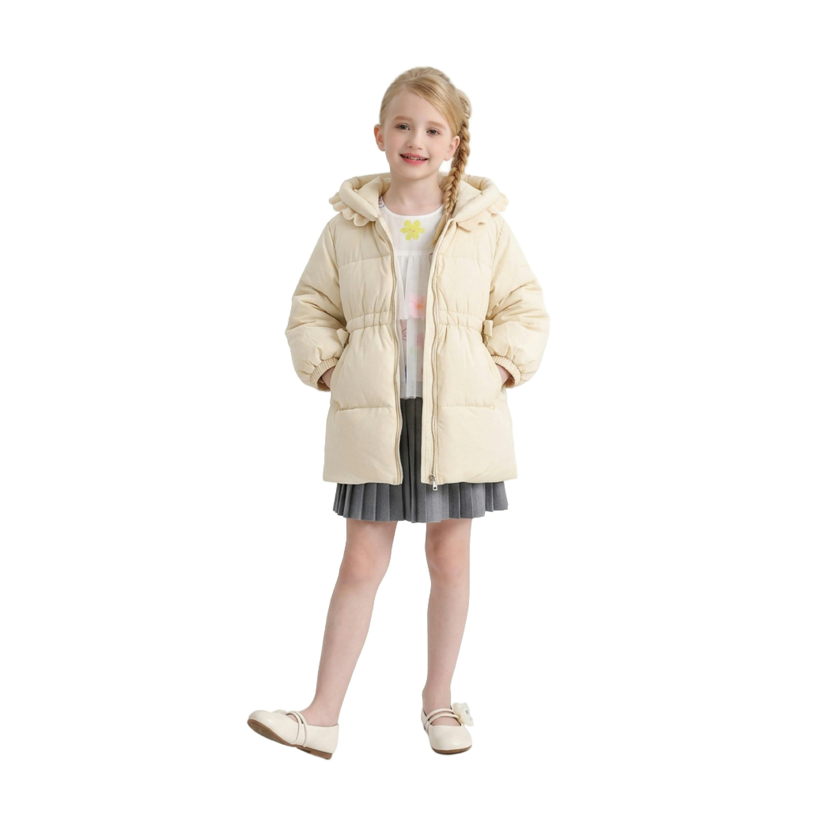 Beige Ruffle-Hood Coat with Matching Scarf