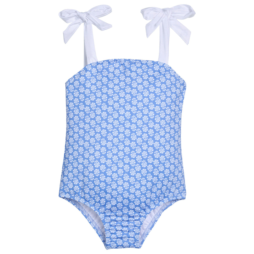 One Piece Bow Strap Swimsuit - Periwinkle Block Print