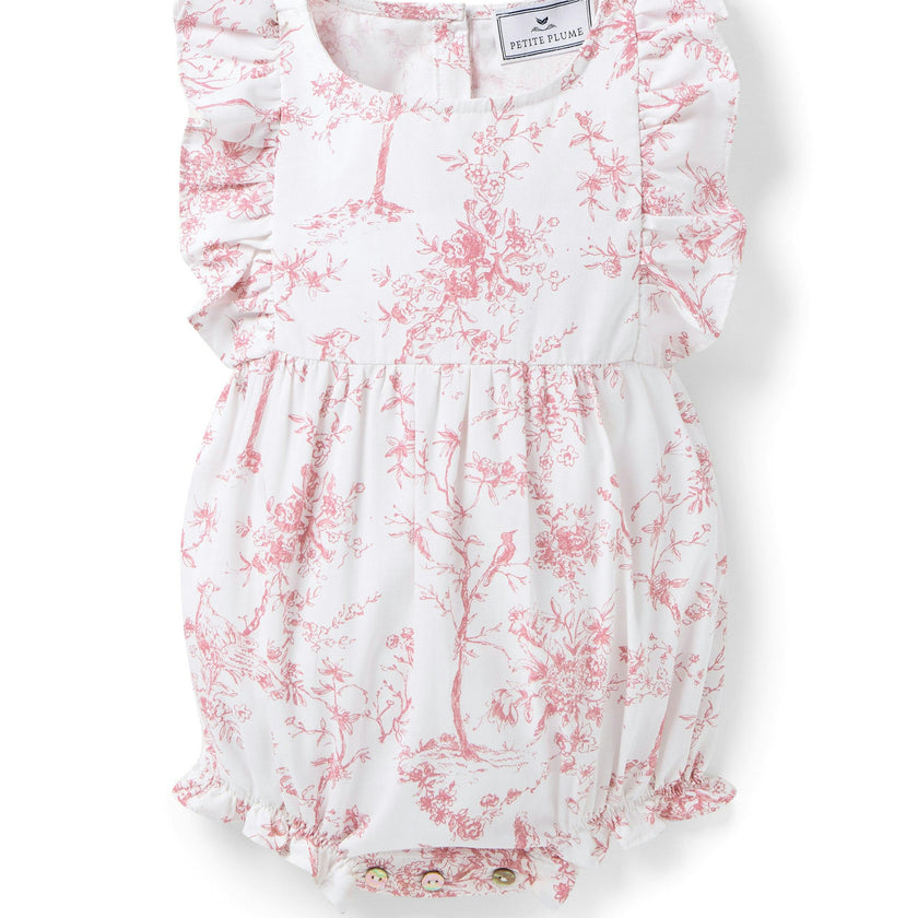 Baby's Twill Ruffled Romper in Pink Timeless Toile