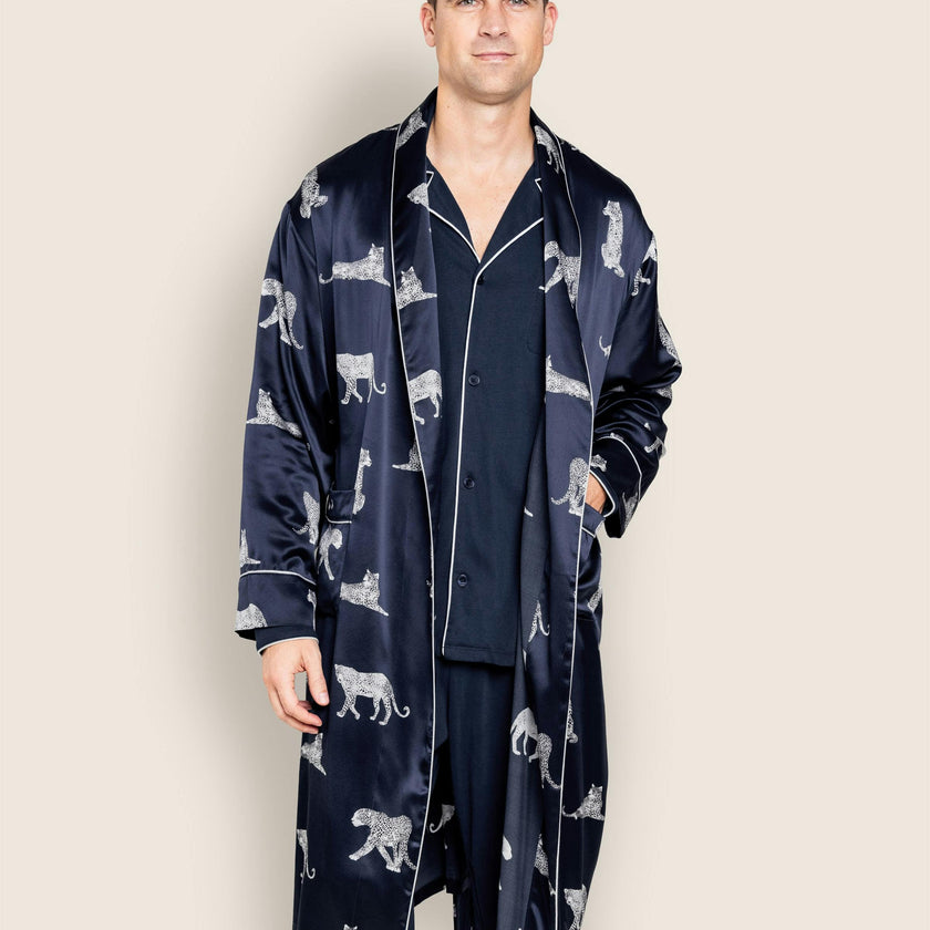 Men's Silk Long Robe in Panthère de Nuit