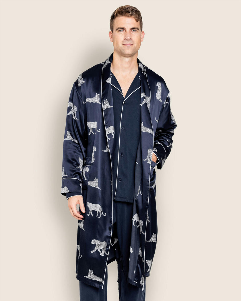 Men's Silk Long Robe in Panthère de Nuit