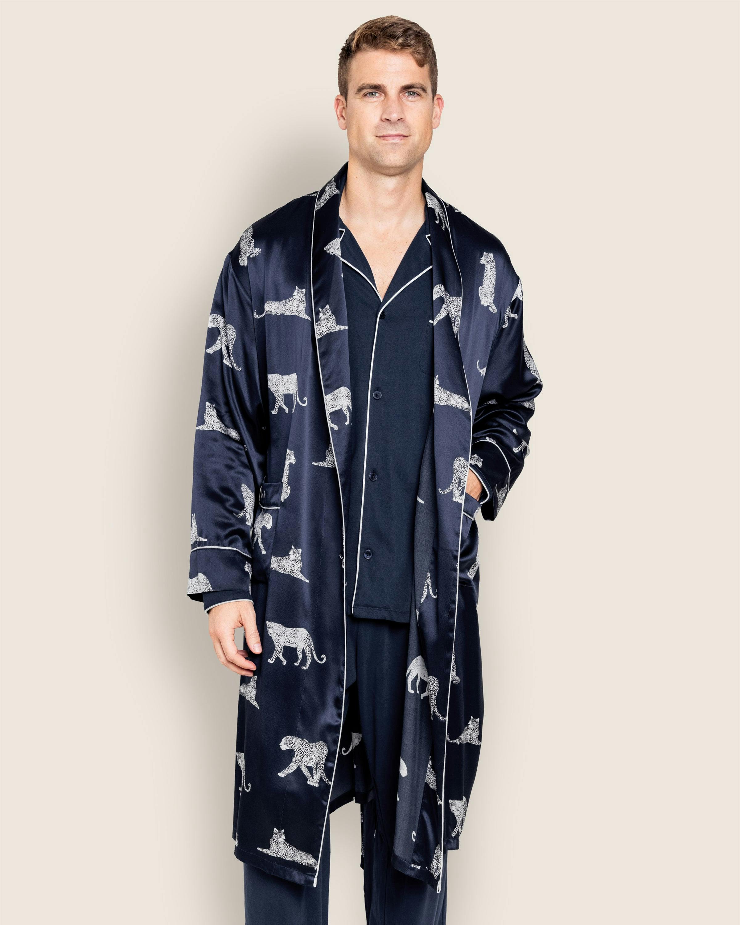 Men's Silk Long Robe in Panthère de Nuit