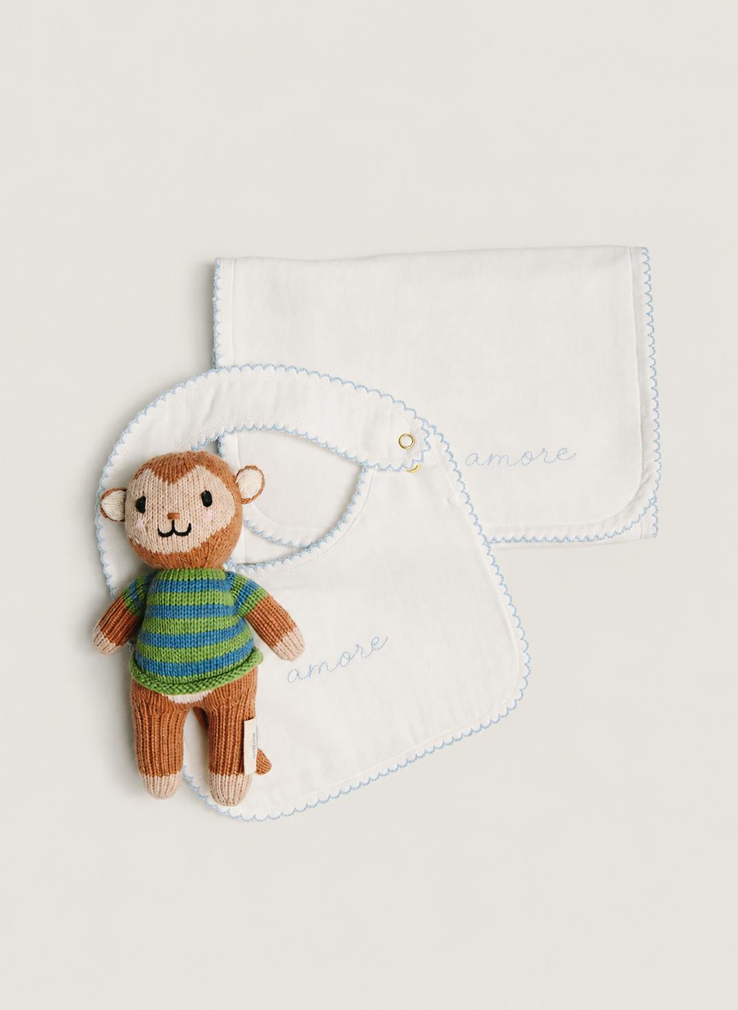 Baby Gift Set: Love Language Bib and Burp Cloth and Marlow the Monkey Knit Doll