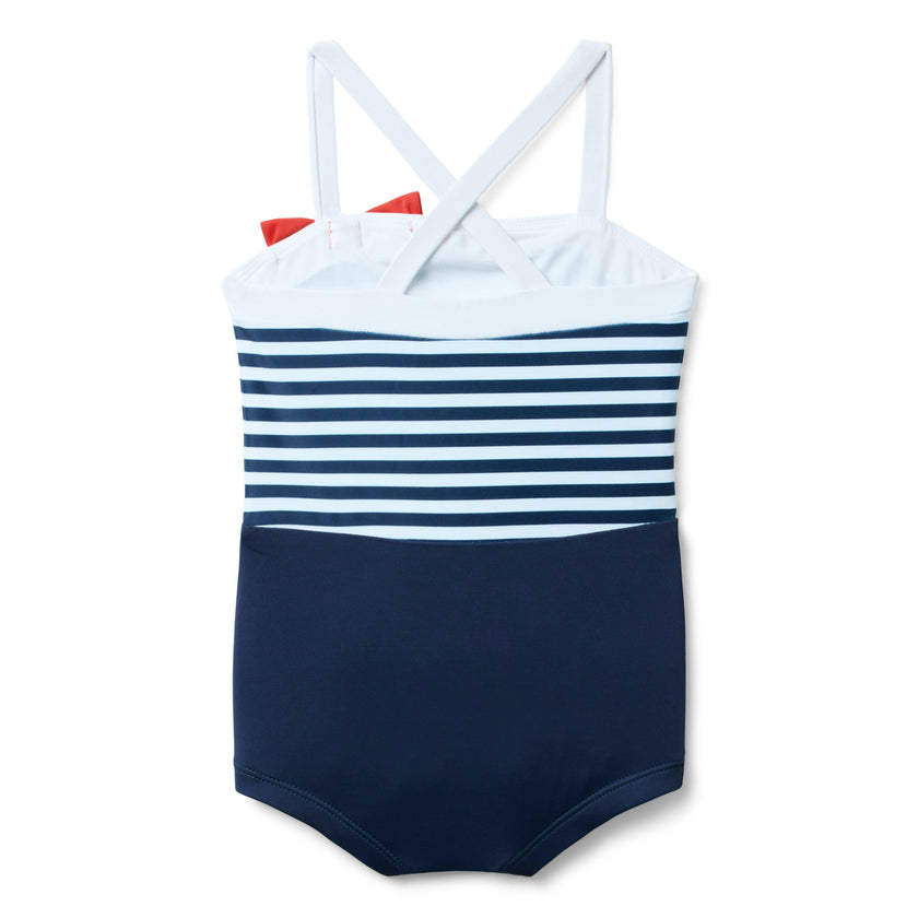 Retro Stripe Bow Swimsuit, red