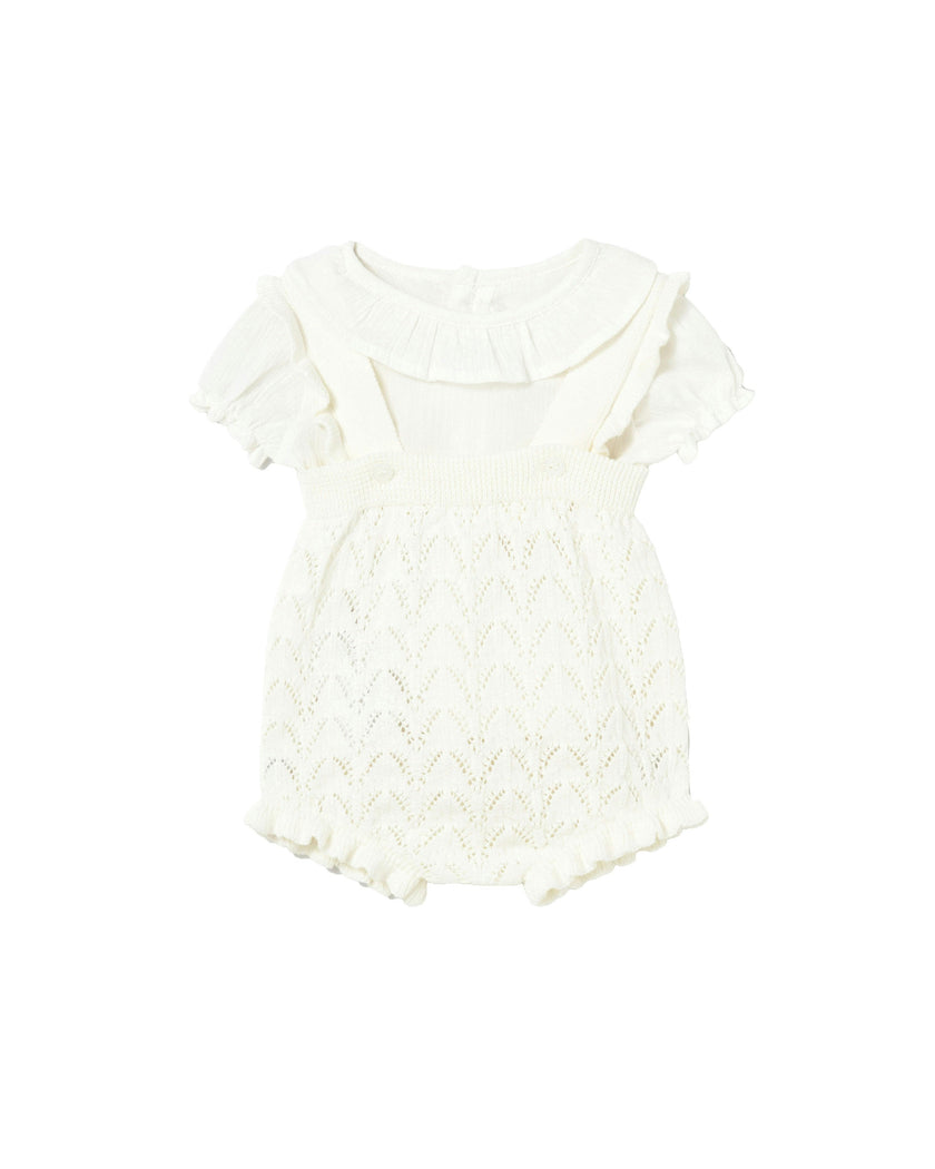 White Knitted Baby Romper with Puff Sleeves